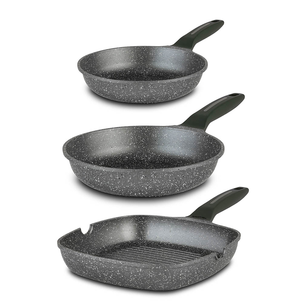 Nava Olea Σετ 3τμχ: Τηγάνια 20-26cm & Γκριλιέρα 28cm από Χυτό Αλουμίνιο με 5 Επιστρώσεις