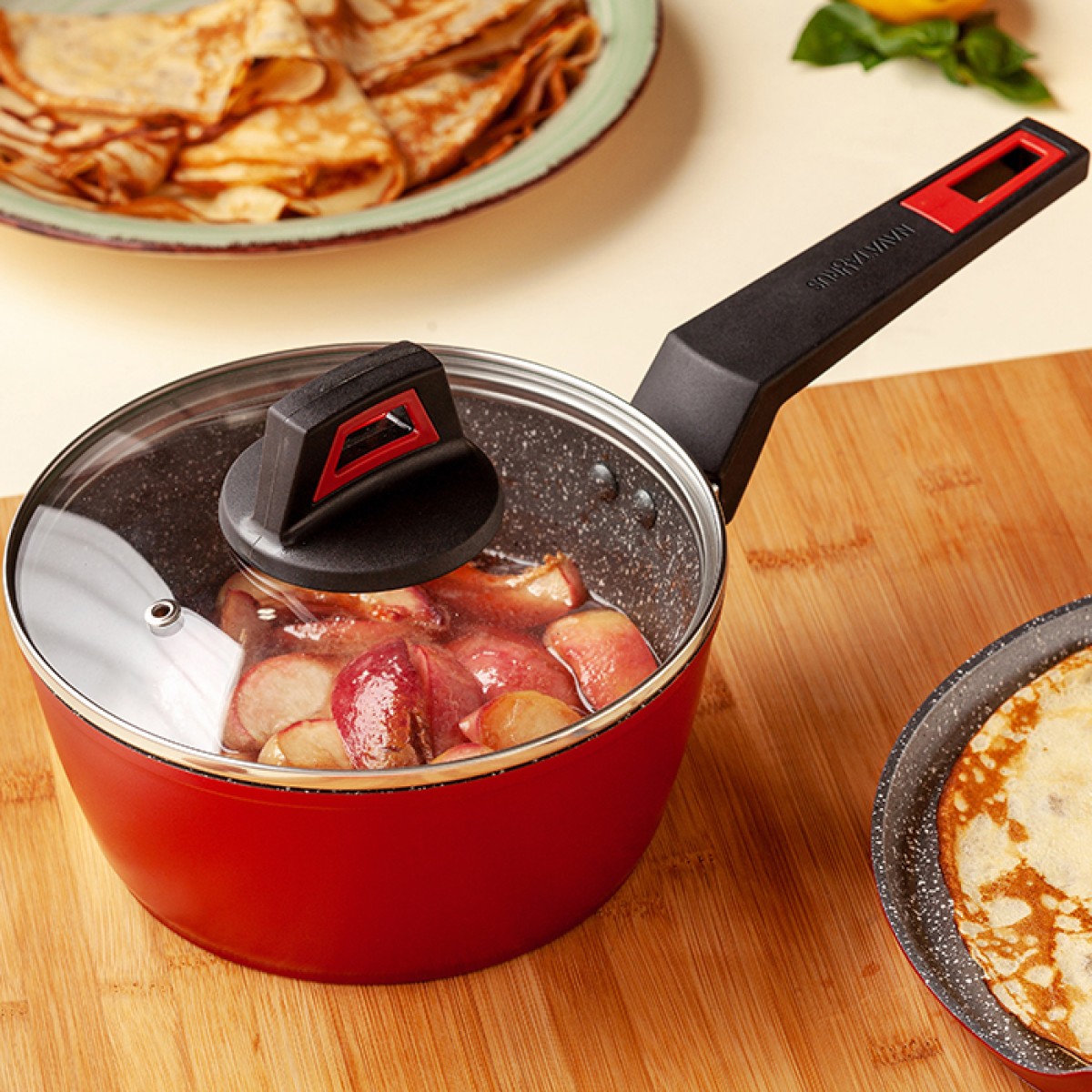 Nava Taurus Γαλατιέρα - Σωτέζα 18cm με 5 Αντικολλητικές Επιστρώσεις Stone & Γυάλινο Καπάκι