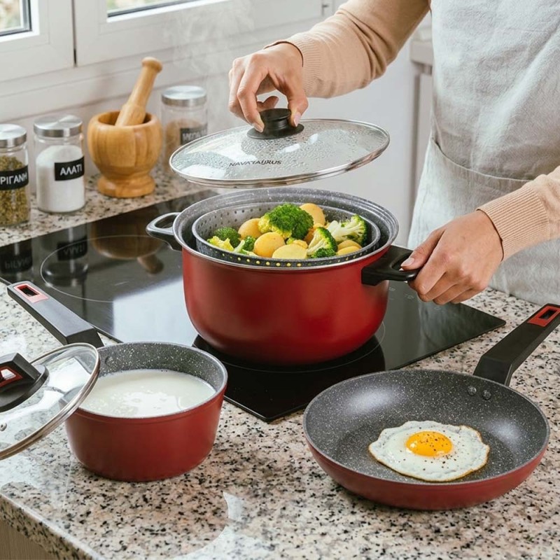 Nava Taurus Cook Master Σετ 3 Τεμαχίων: Κατσαρόλα-Ατμομάγειρας 22cm, Γαλατιέρα-Σωτέζα 18cm με Γυάλινο Καπάκι & Αντικολλητικό Τηγάνι Stone 26cm