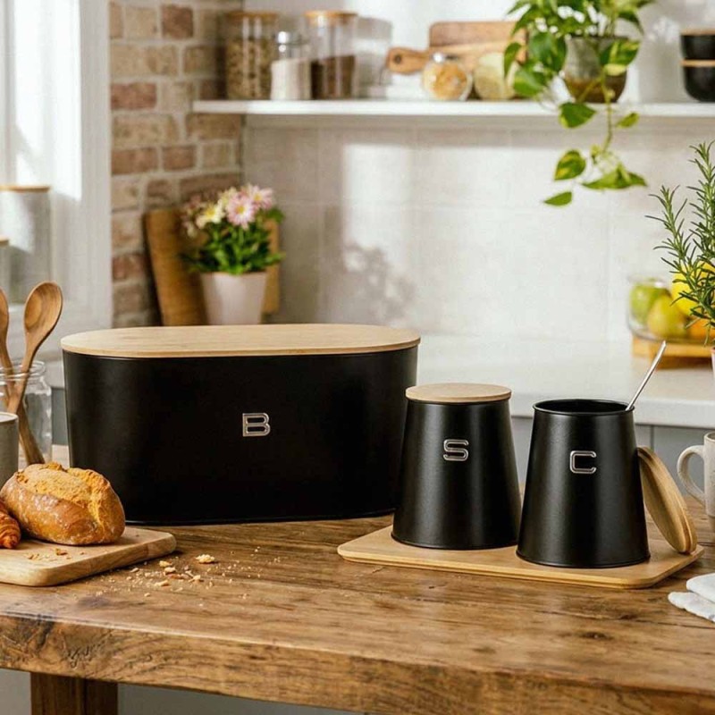 Σετ Οργάνωσης Κουζίνας NAVA Bamboo Total Black: Ψωμιέρα & 2 Δοχεία Ζάχαρης - Καφέ