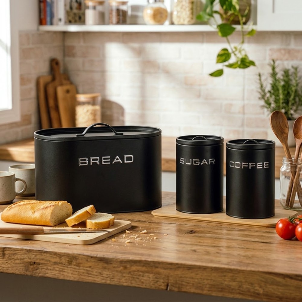Σετ Οργάνωσης Κουζίνας NAVA Total Black: Ψωμιέρα & 2 Δοχεία Ζάχαρης - Καφέ