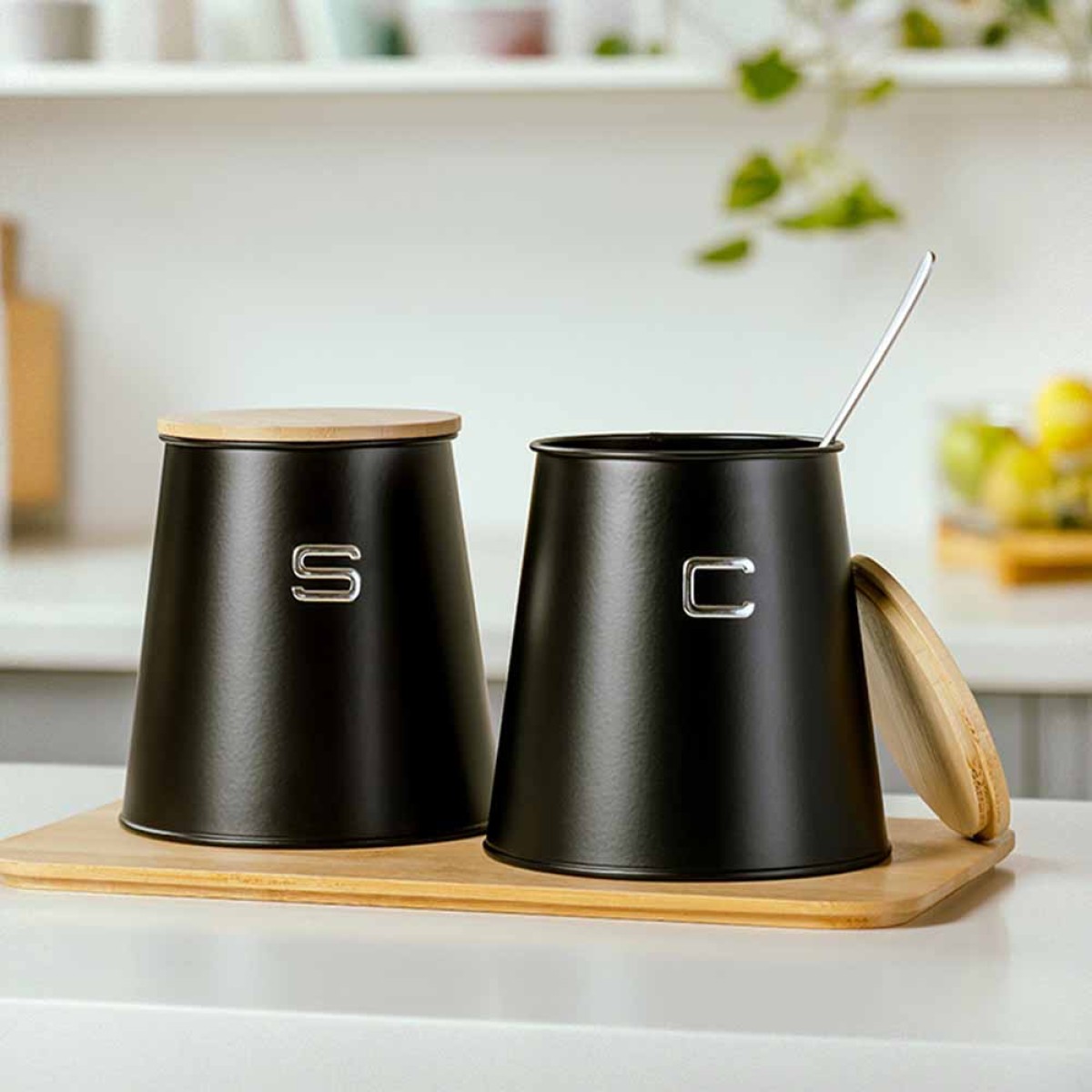 Σετ Οργάνωσης Κουζίνας NAVA Bamboo Total Black: Ψωμιέρα & 2 Δοχεία Ζάχαρης - Καφέ