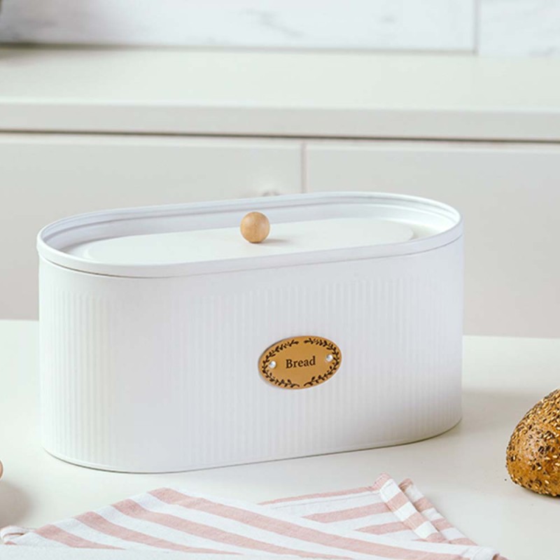 NAVA Μεταλλική Ψωμιέρα 34cm με Καπάκι Total White και Χερούλι Bamboo
