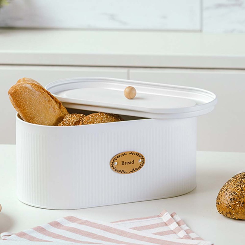 NAVA Μεταλλική Ψωμιέρα 34cm με Καπάκι Total White και Χερούλι Bamboo