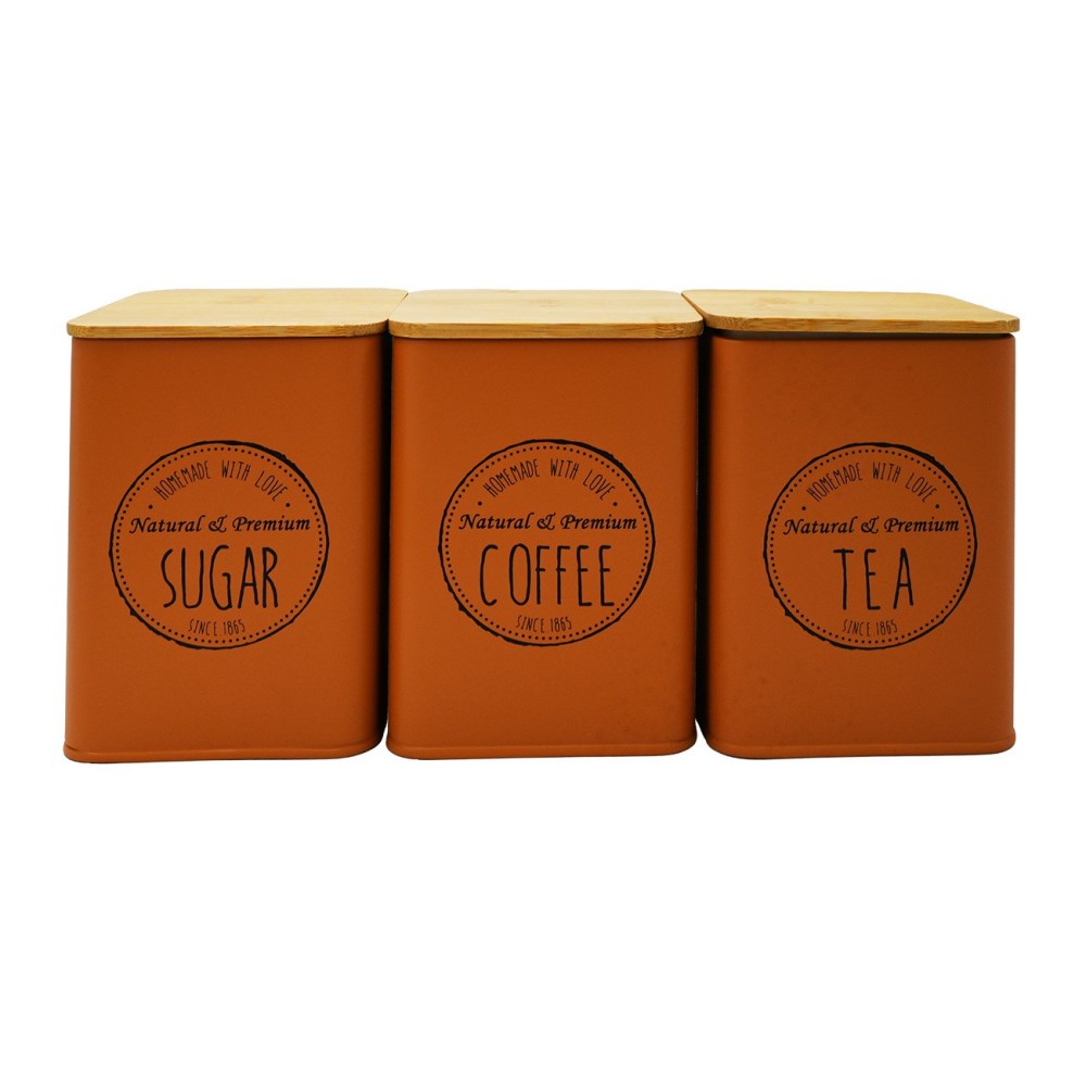 Σετ 3 Μεταλλικά Βαζάκια Καφέ – Ζάχαρη – Τσάι (10x10x13) με Bamboo Καπάκια Sidirela Orange E-0038-2