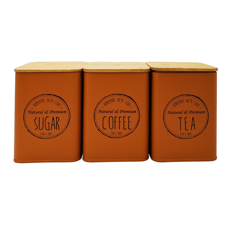 Σετ 3 Μεταλλικά Βαζάκια Καφέ – Ζάχαρη – Τσάι (10x10x13) με Bamboo Καπάκια Sidirela Orange E-0038-2