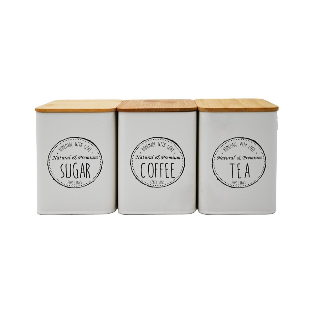 Σετ 3 Μεταλλικά Βαζάκια Καφέ – Ζάχαρη – Τσάι (10x10x13) με Bamboo Καπάκια Sidirela Creme E-0038-4
