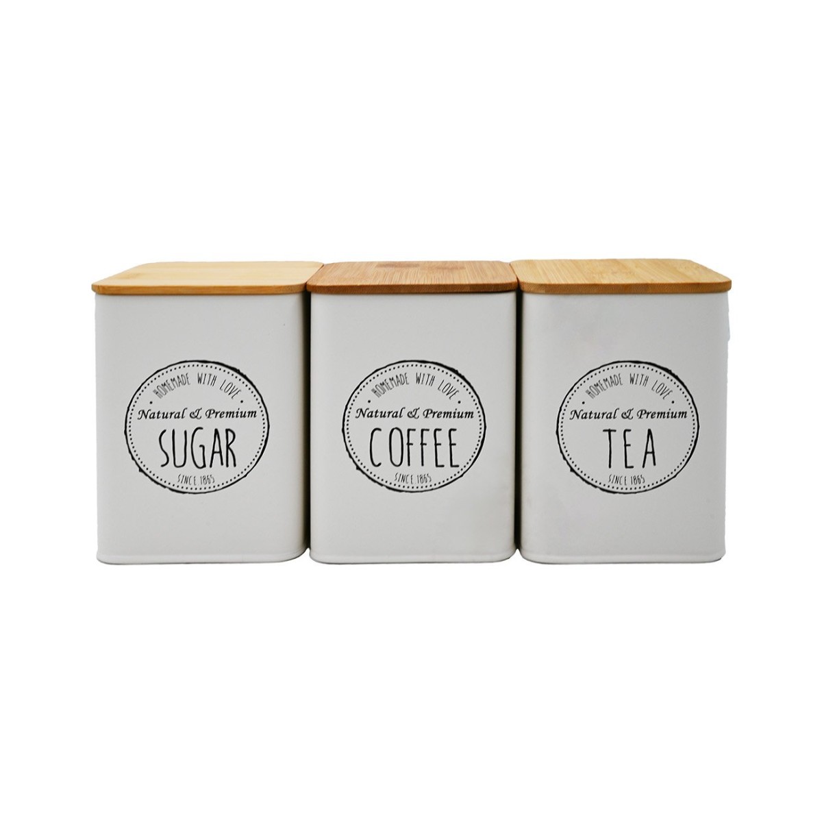 Σετ 3 Μεταλλικά Βαζάκια Καφέ – Ζάχαρη – Τσάι (10x10x13) με Bamboo Καπάκια Sidirela Creme E-0038-4
