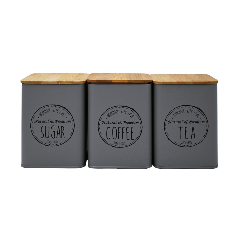 Σετ 3 Μεταλλικά Βαζάκια Καφέ – Ζάχαρη – Τσάι (10x10x13) με Bamboo Καπάκια Sidirela Grey E-0038-1