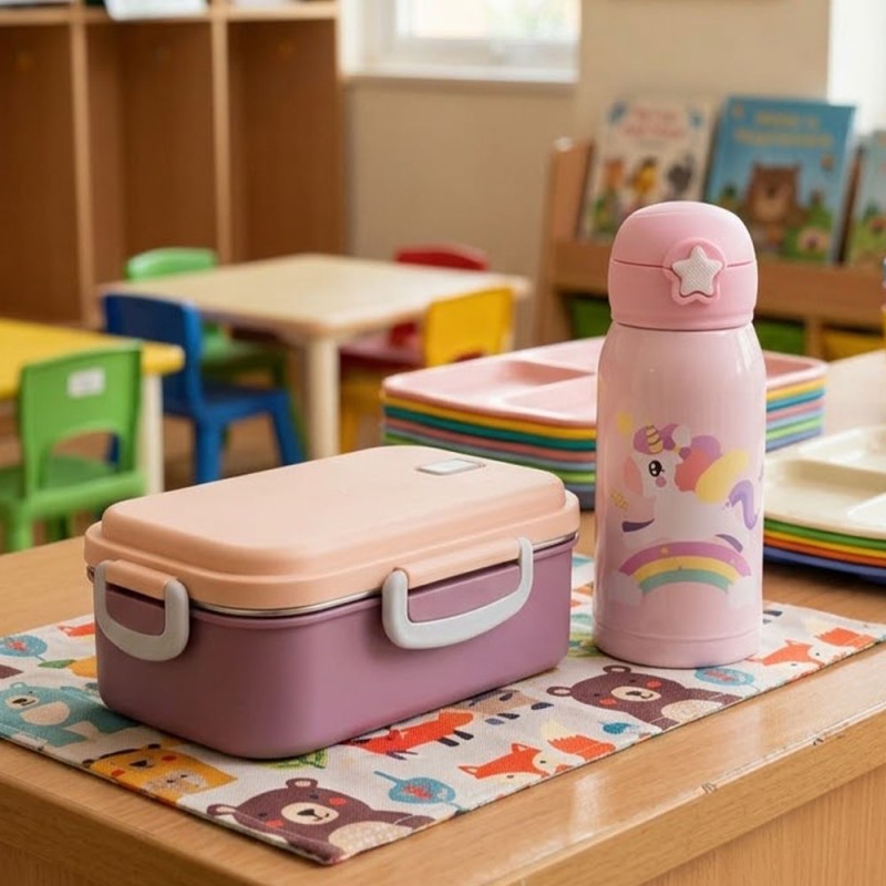 Lunch Set: Ανοξείδωτο Φαγητοδοχείο 500ml Rose με Μαχαιροπίρουνα & Παιδικό Ανοξείδωτο Θερμός Baby Unicorn 460ml με Καλαμάκι