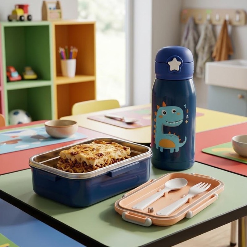 Lunch Set: Ανοξείδωτο Φαγητοδοχείο 500ml Blue με Μαχαιροπίρουνα & Παιδικό Ανοξείδωτο Θερμός Baby Dinosaur 460ml με Καλαμάκι