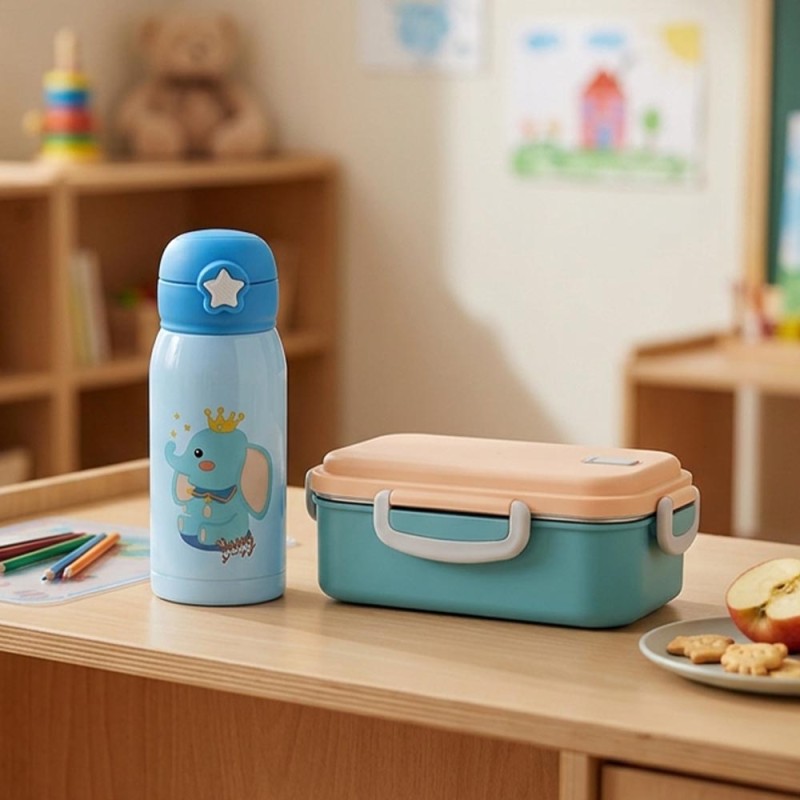 Lunch Set: Ανοξείδωτο Φαγητοδοχείο 500ml Petrol με Μαχαιροπίρουνα & Παιδικό Ανοξείδωτο Θερμός Baby Elephant 460ml με Καλαμάκι