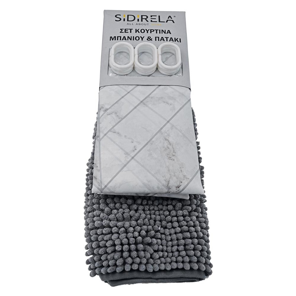 Σετ Μπάνιου Γκρι-Μάρμαρο 2 Τεμαχίων: Υφασμάτινη Κουρτίνα Polyester (180x180) & Πατάκι Σιλικόνης Chenille (45x75)