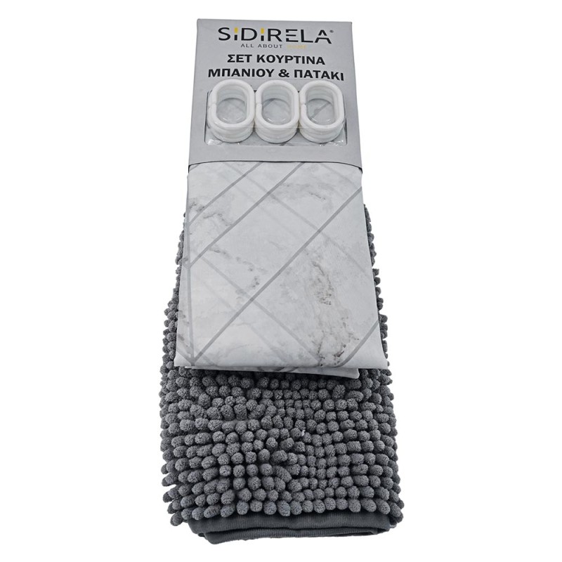 Σετ Μπάνιου Γκρι-Μάρμαρο 2 Τεμαχίων: Υφασμάτινη Κουρτίνα Polyester (180x180) & Πατάκι Σιλικόνης Chenille (45x75)