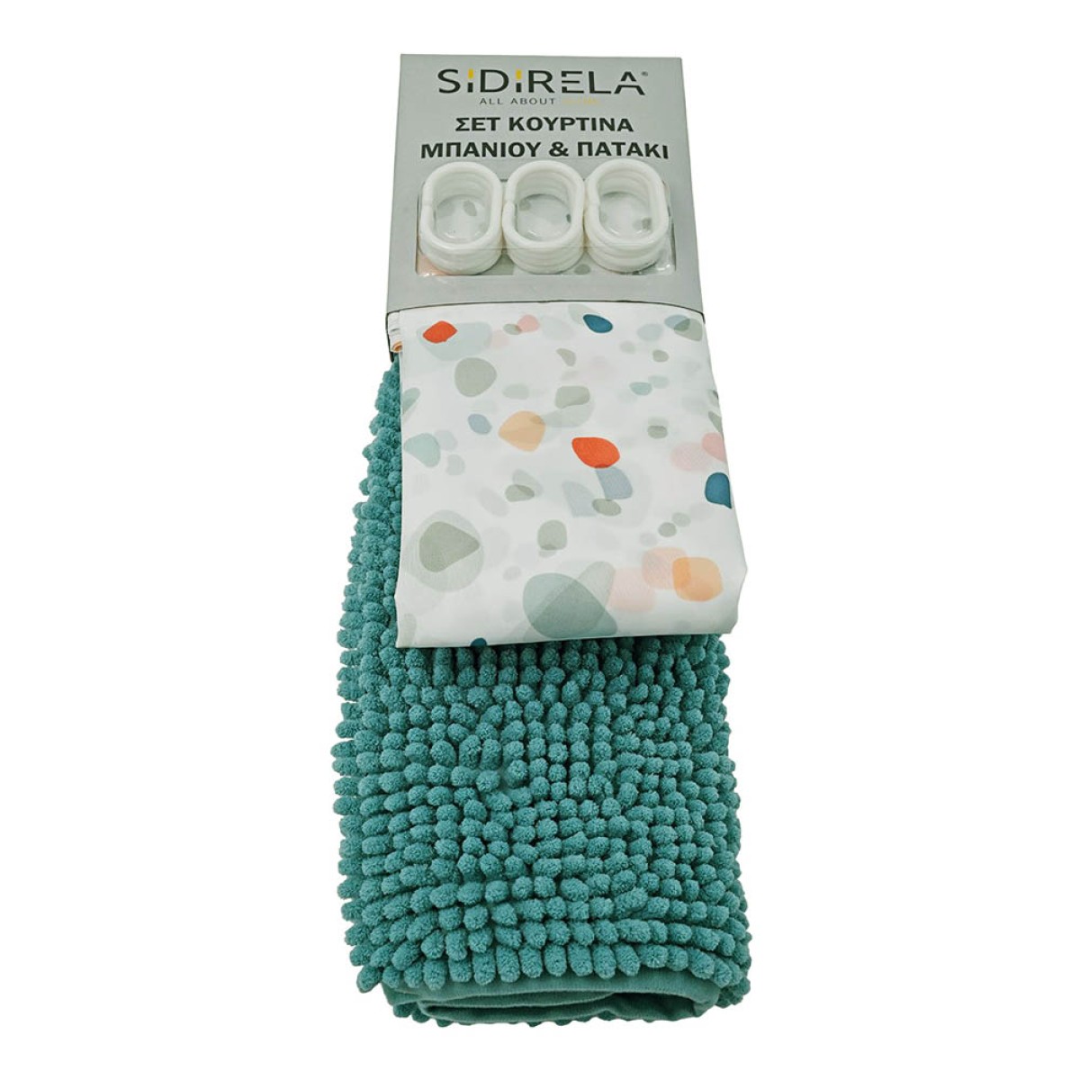 Σετ Μπάνιου Πετρόλ-Λευκό Πουά 2 Τεμαχίων: Υφασμάτινη Κουρτίνα Polyester (180x180) & Πατάκι Σιλικόνης Chenille (45x75)