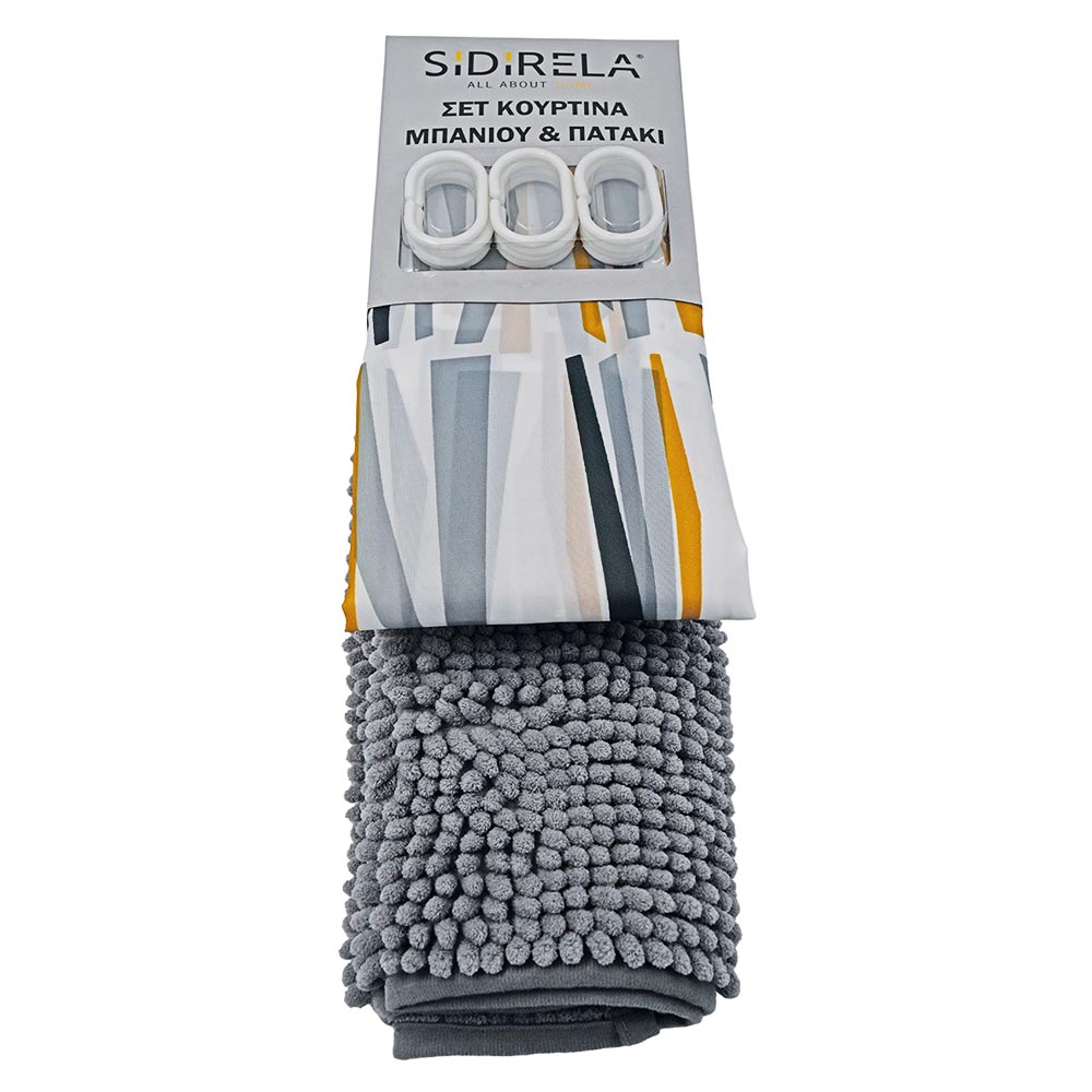 Σετ Μπάνιου Γκρι-Ριγέ 2 Τεμαχίων: Υφασμάτινη Κουρτίνα Polyester (180x180) & Πατάκι Σιλικόνης Chenille (45x75)