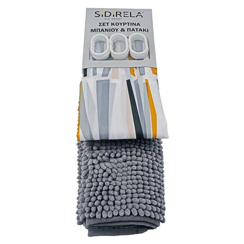 Σετ Μπάνιου Γκρι-Ριγέ 2 Τεμαχίων: Υφασμάτινη Κουρτίνα Polyester (180x180) & Πατάκι Σιλικόνης Chenille (45x75)