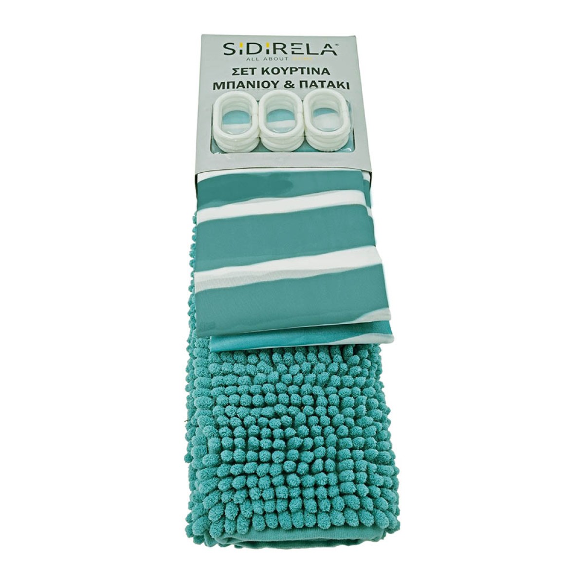 Σετ Μπάνιου Πετρόλ-Γκρι Ριγέ 2 Τεμαχίων: Υφασμάτινη Κουρτίνα Polyester (180x180) & Πατάκι Σιλικόνης Chenille (45x75)