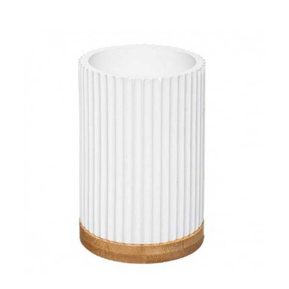 Ποτηράκι Μπάνιου Modern Κεραμικό με Bamboo Βάση λευκό χρώμα Marva 174541A