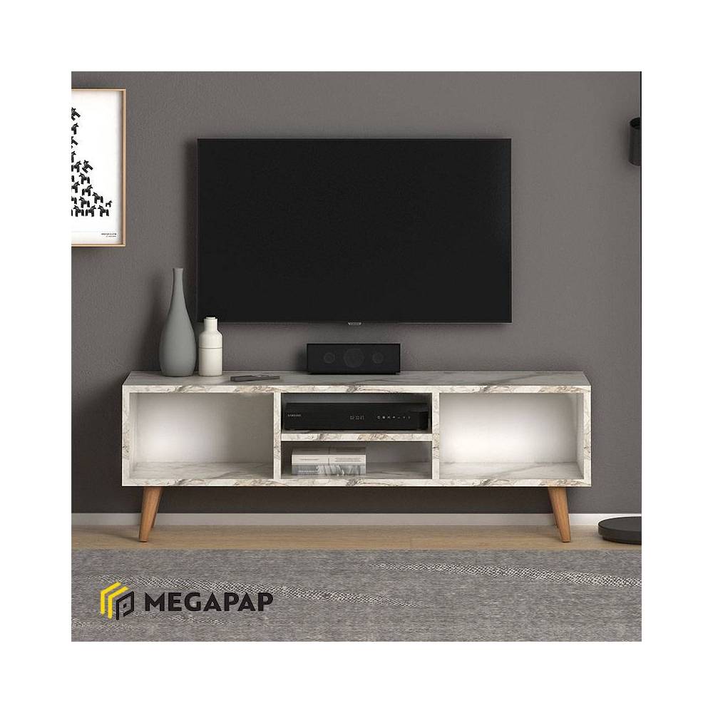Έπιπλο τηλεόρασης Loren Megapap από μελαμίνη χρώμα λευκό εφέ μαρμάρου 120x30x40εκ.