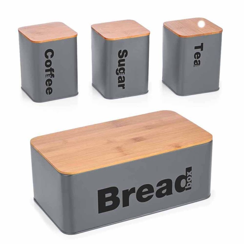 Ψωμιέρα (33x18x12) Μεταλλική + Σετ 3 Δοχεία Καφέ-Ζάχαρη-Τσάι (10x10x13.5) Sidirela Grey Ε-4209-3