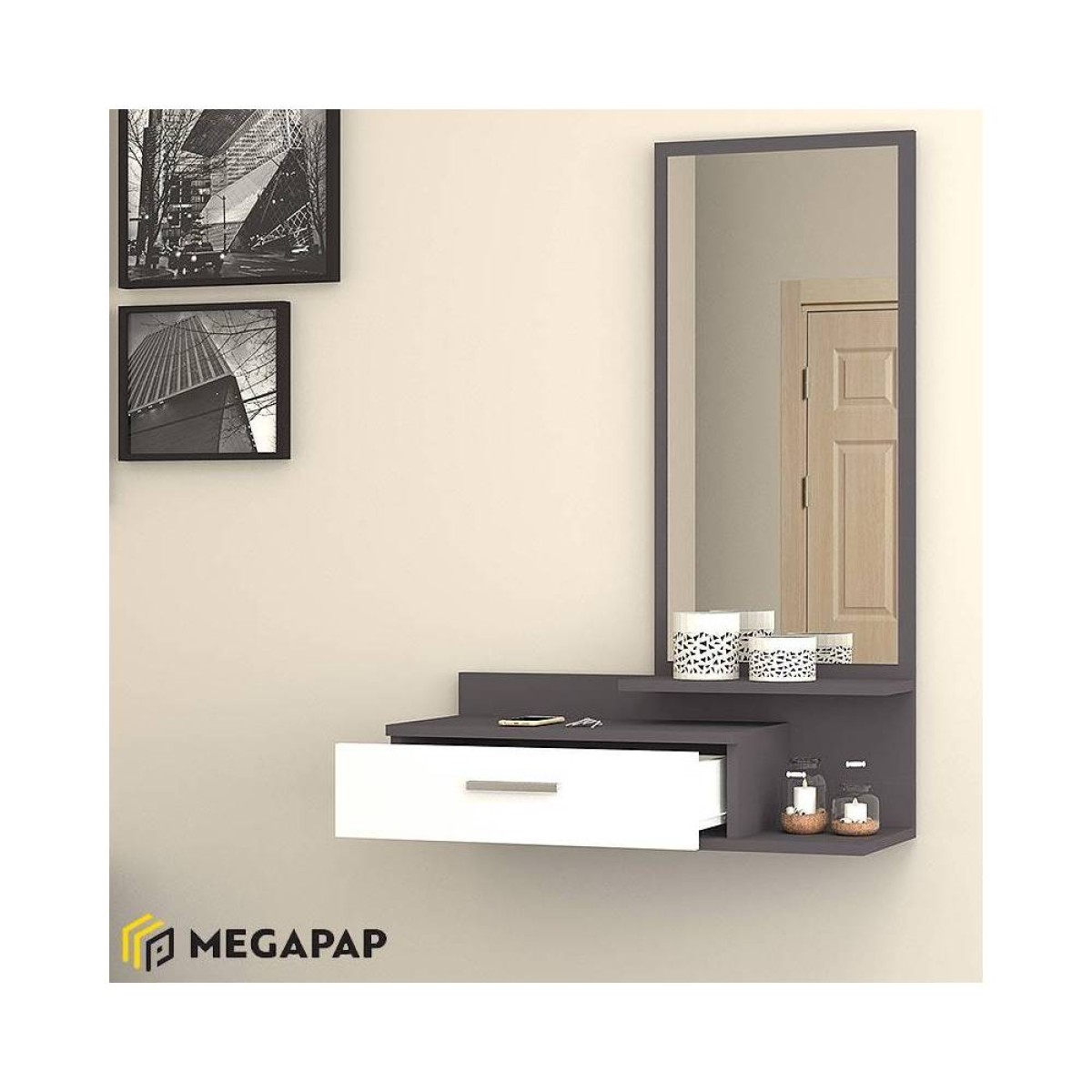 Έπιπλο εισόδου - τουαλέτα μελαμίνης Joy  με καθρέφτη χρώμα γκρι - λευκό 80x35x116εκ.