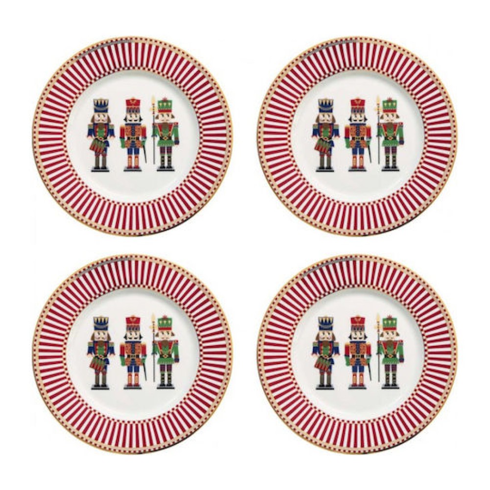 Premium Σετ 4 Χριστουγεννιάτικα Πιάτα 19cm Πορσελάνινα - Marva Nutcrackers για Γιορτινό Τραπέζι