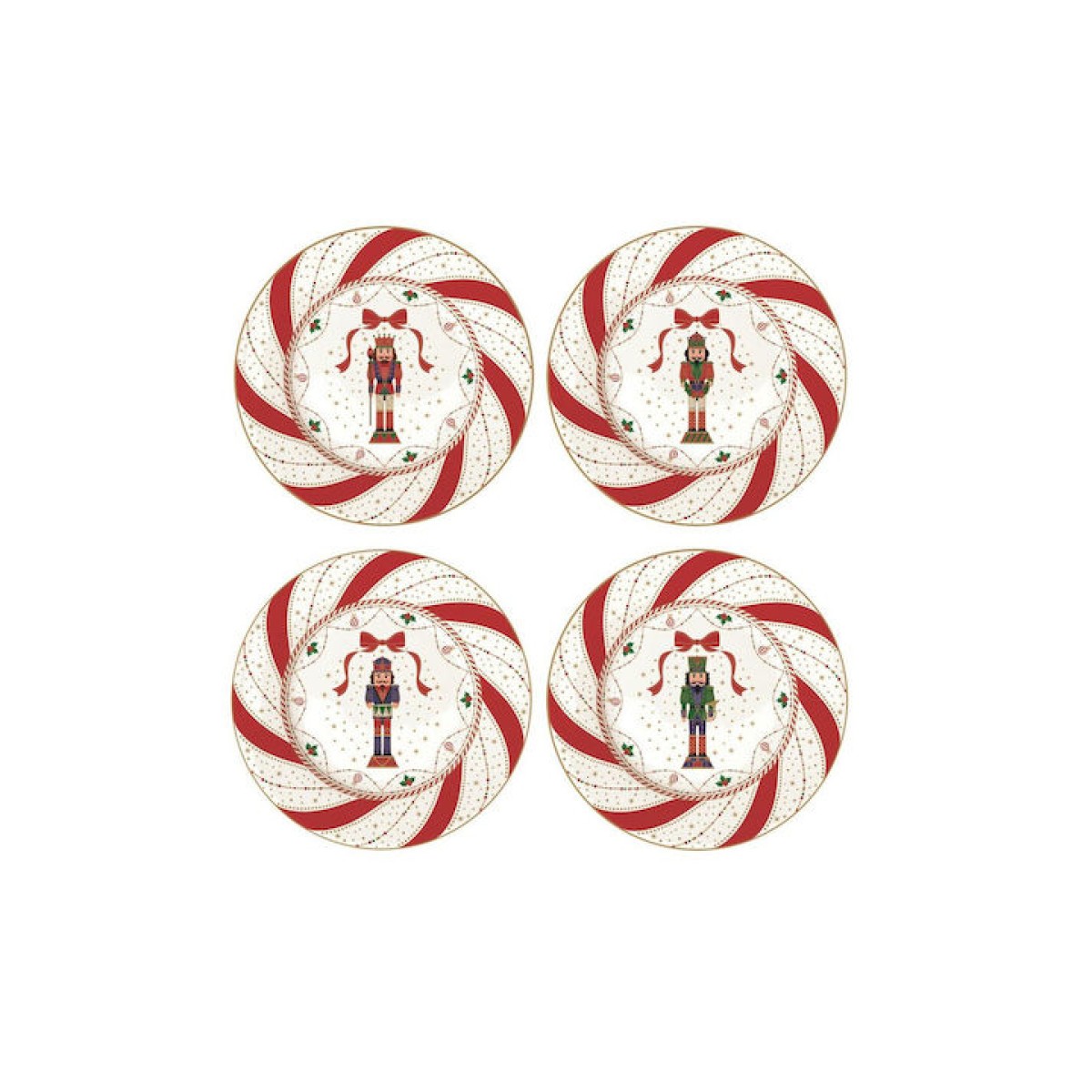 Premium Σετ 4 Χριστουγεννιάτικα Πιάτα 19cm Πορσελάνινα - Marva Nutcracker Twist για Γιορτινό Τραπέζι