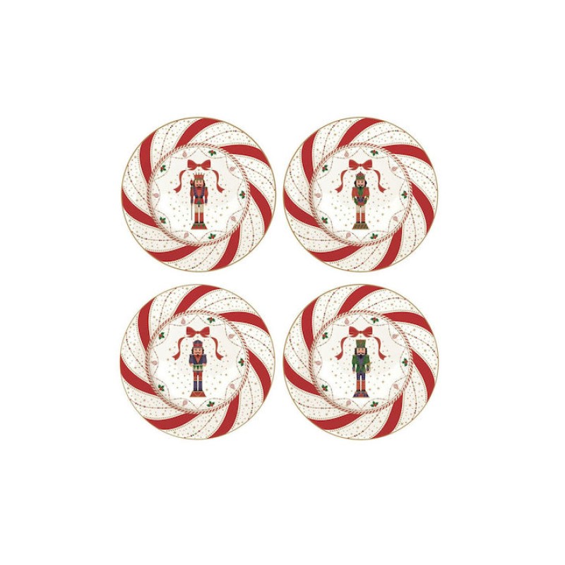 Premium Σετ 4 Χριστουγεννιάτικα Πιάτα 19cm Πορσελάνινα - Marva Nutcracker Twist για Γιορτινό Τραπέζι