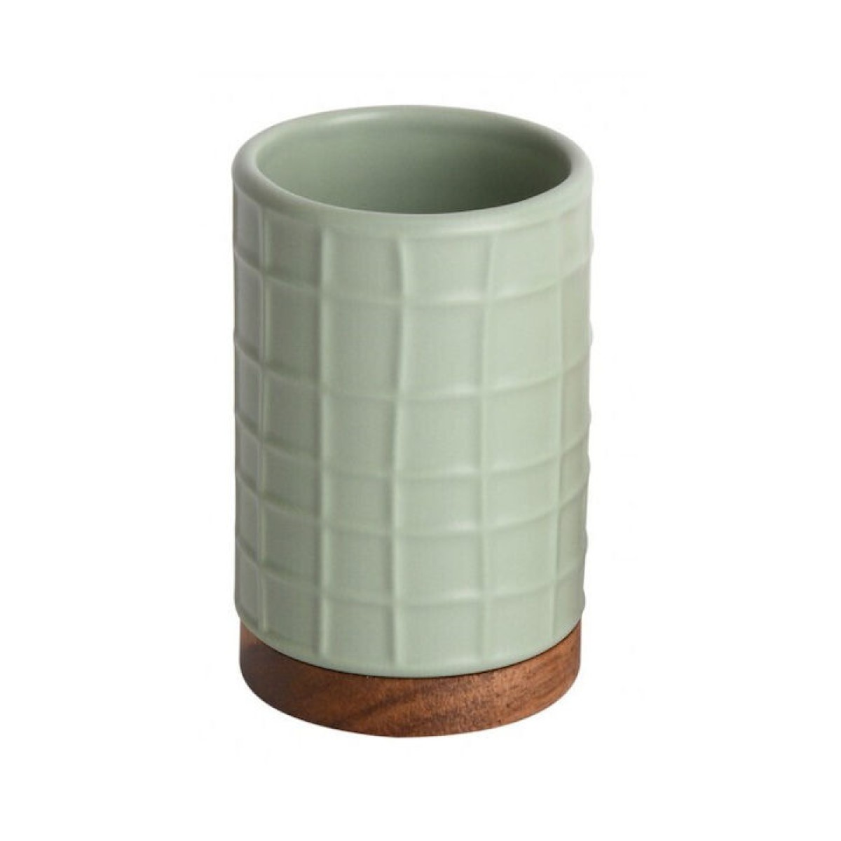 Ποτήρι Οδοντόβουρτσας (Φ7x11) Κεραμικό με ανάγλυφο σχέδιο σε παστέλ πράσινο χρώμα & Βάση Bamboo Marva Adel 478203