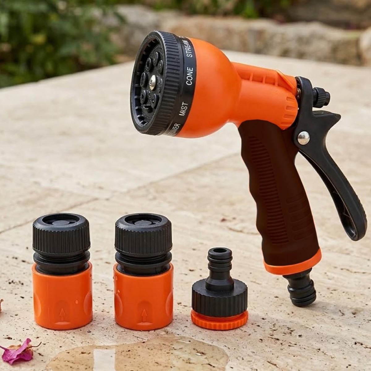 Ολοκληρωμένο Σετ Ποτίσματος 4τμχ – Πιστόλι 7 Λειτουργιών & Σετ Ταχυσυνδέσμων Πορτοκαλί / Μαύρο