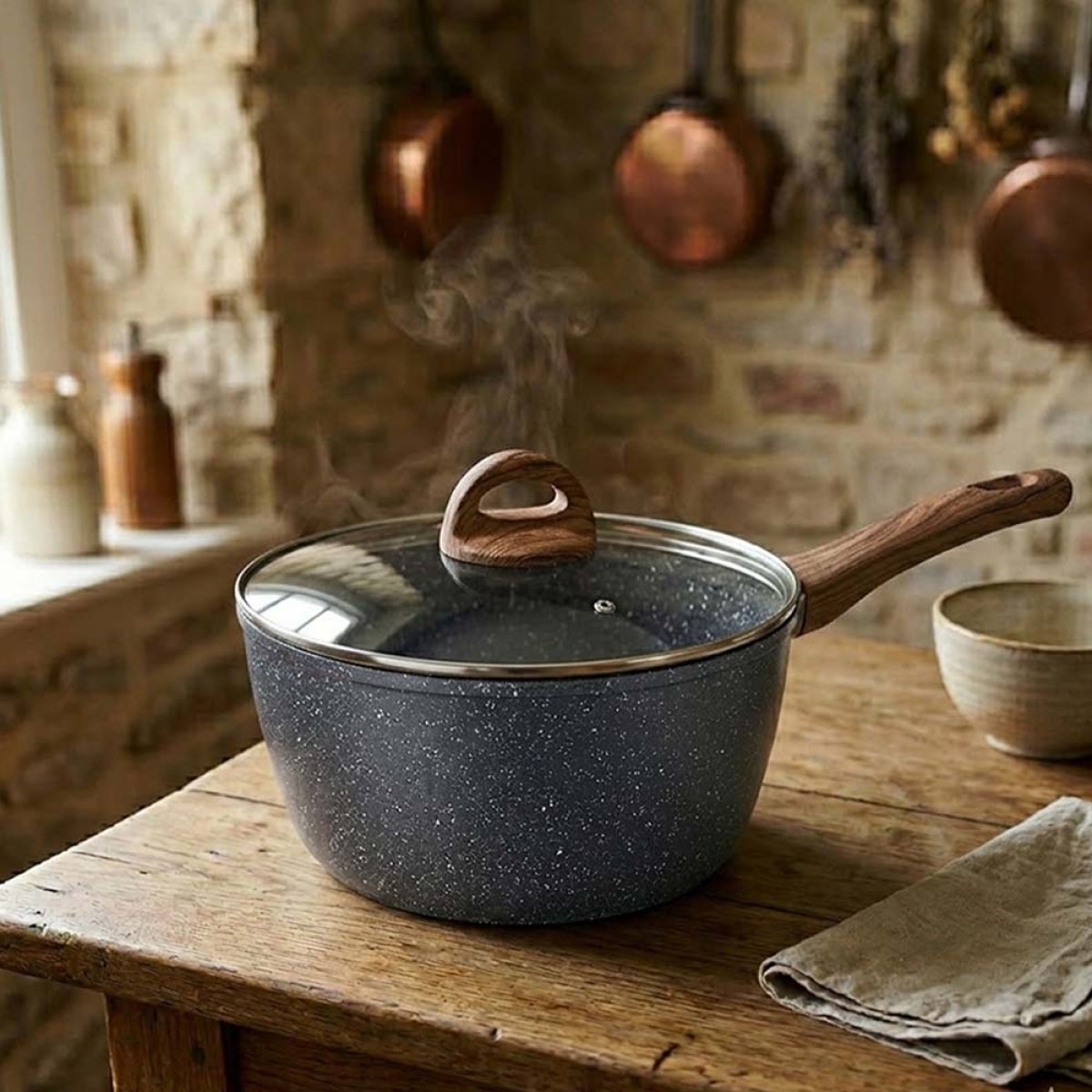 Marble Γαλατιέρα Αλουμινίου No 18 – Αντικολλητική με Επίστρωση Μαρμάρου & Soft-Touch Λαβή Εφέ Ξύλου