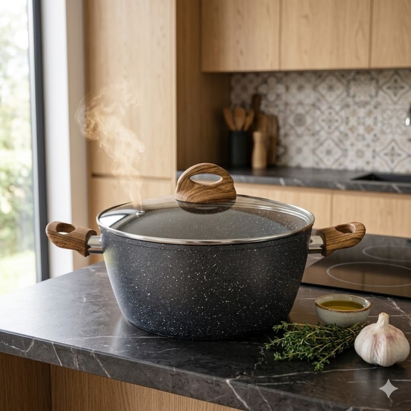 Marble Κατσαρόλα Αλουμινίου No 26 – Αντικολλητική με Επίστρωση Μαρμάρου & Soft-Touch Λαβές Εφέ Ξύλου