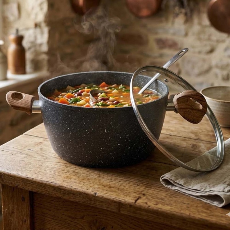 Marble Κατσαρόλα Αλουμινίου No 28 – Αντικολλητική με Επίστρωση Μαρμάρου & Soft-Touch Λαβές Εφέ Ξύλου