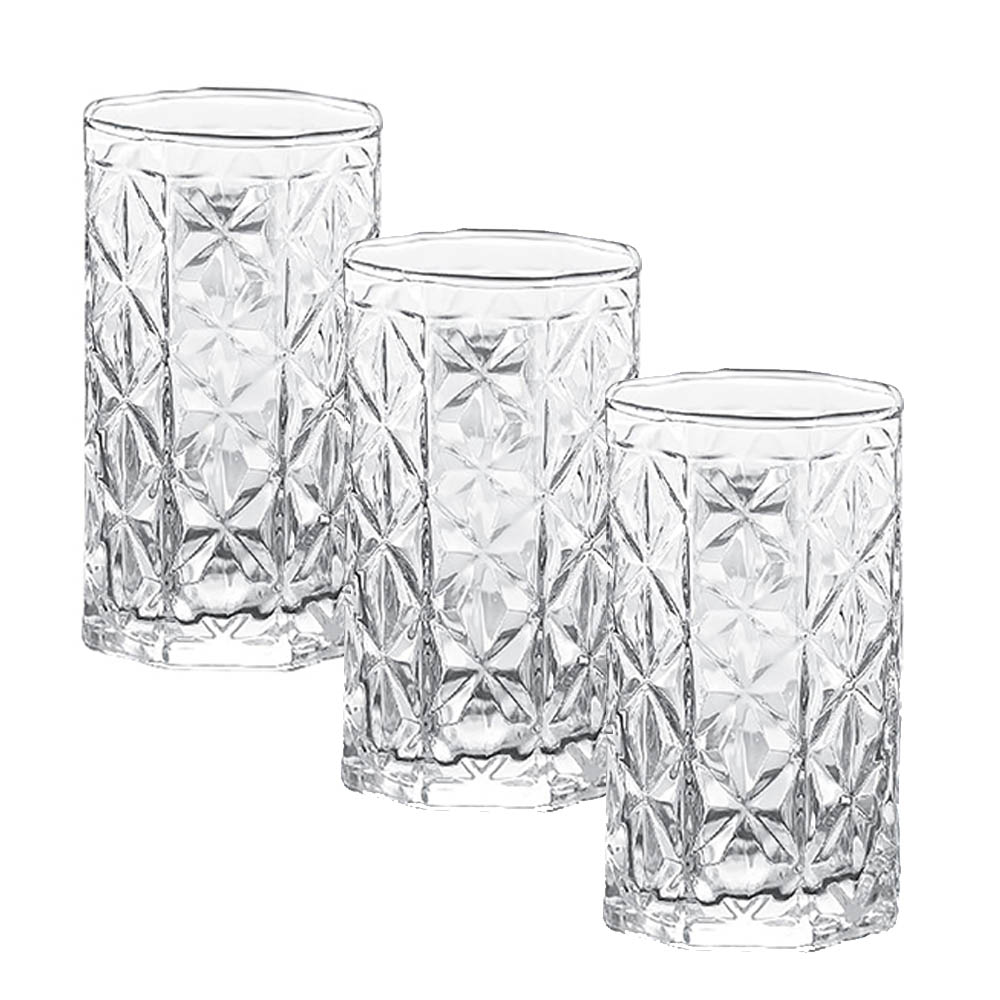Σετ 3 Γυάλινα Ποτήρια Σωλήνας 280ml – Πολυγωνικός Σχεδιασμός & Γεωμετρικό Ανάγλυφο