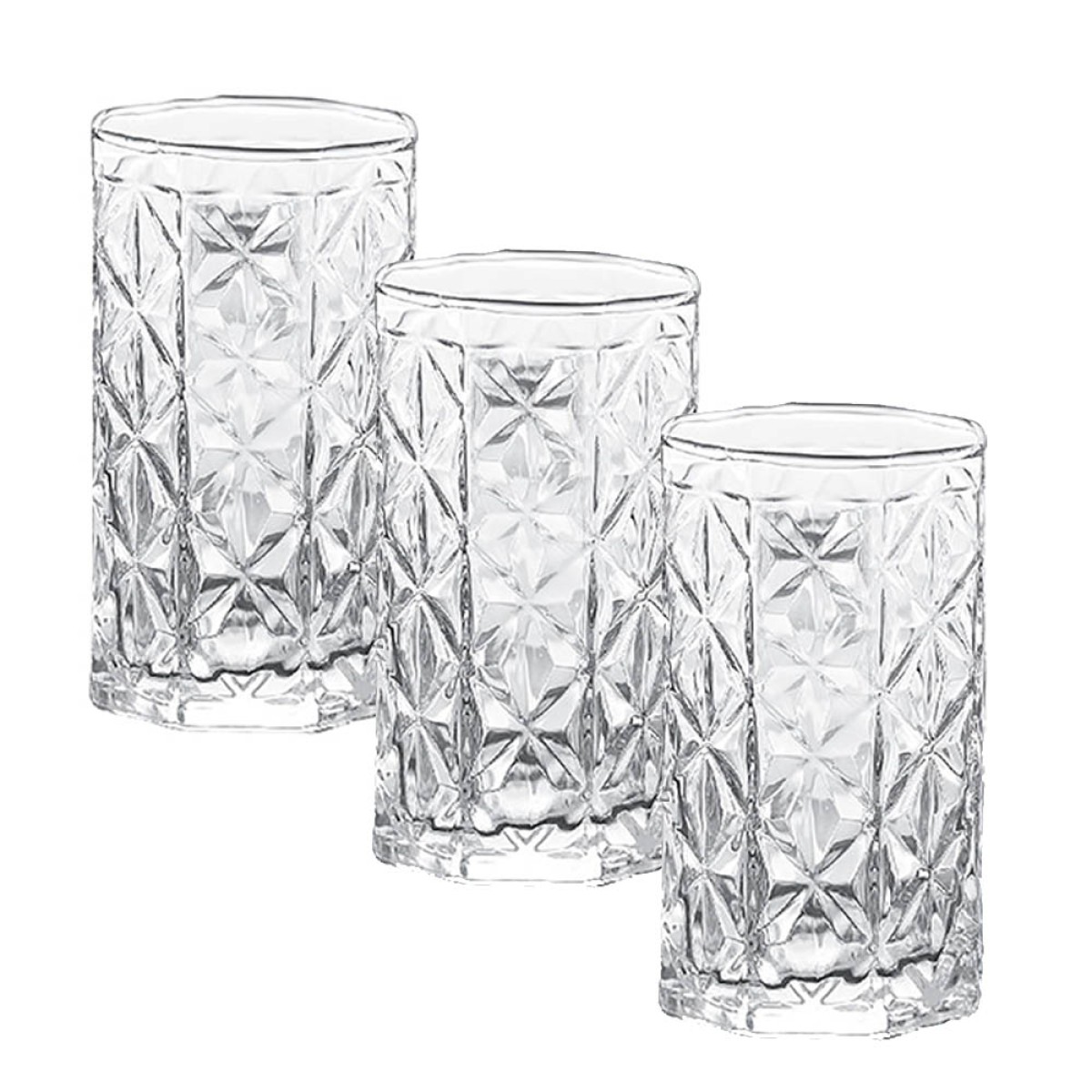 Σετ 3 Γυάλινα Ποτήρια Σωλήνας 280ml – Πολυγωνικός Σχεδιασμός & Γεωμετρικό Ανάγλυφο