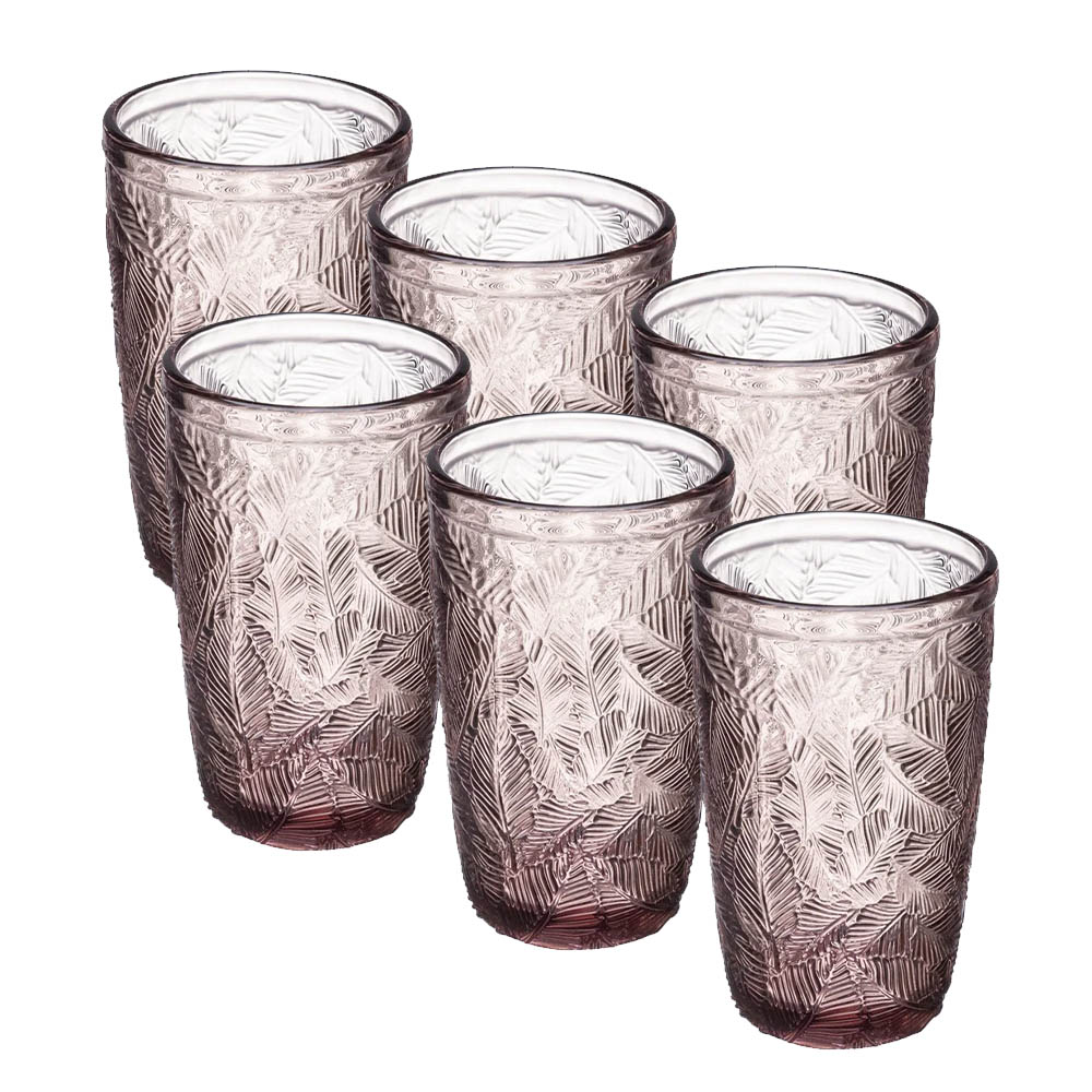 Σετ 6 Ποτήρια Σωλήνας 380ml Γυάλινα με Ανάγλυφα Φύλλα - Dusty Rose